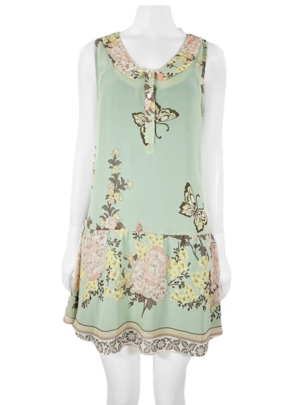 FARM Rio Green Butterfly Floral Chiffon Mini Dress Size G Large